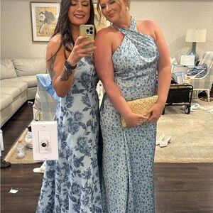 Revelry Blue Halter Maxi Gown - Athena Satin Floral Print Dress